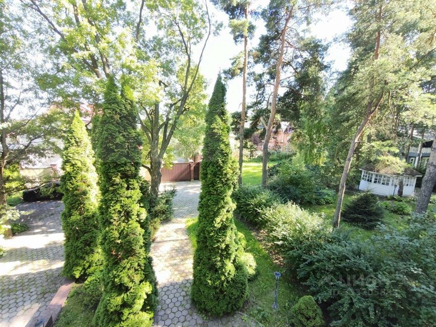 Вид сверху на участок: мощёная брусчаткой дорожка от закрытых ворот к дому, по краям пирамидальные туи и кустарники, слева площадка с автомобилем, вокруг взрослые сосны и лиственные деревья